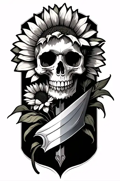 skull and sunflower sword wrapped tattoo design idea