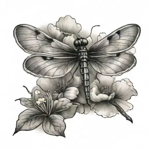 dragon fly landing on a one four leaf clover with sun shining in the back and clouds tattoo design idea