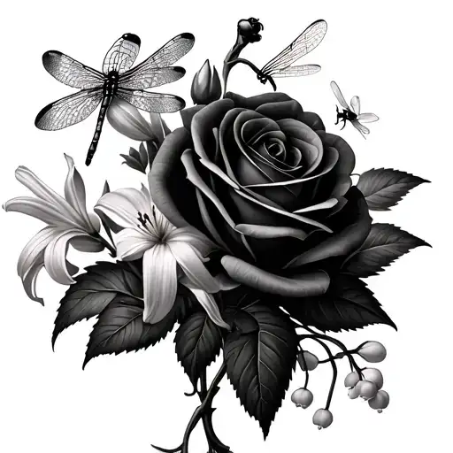 small bouquet of 2 roses, 2 lily of the valley with one dragonfly on one, one daffodil with a dragonfly, one narcissus,  tattoo design idea