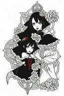 two vampire anime girls in gothic attire with crosses and roses tattoo design idea