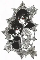 two vampire anime girls in gothic attire with crosses and roses tattoo design idea