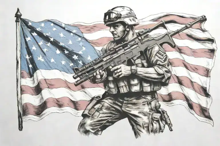 American flag and fallen soldier holding tattoo design idea