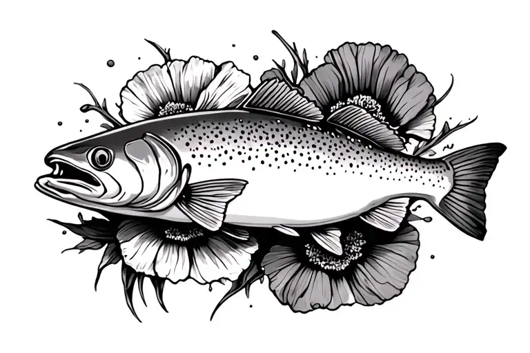Rainbow trout with poppy flower tattoo design idea
