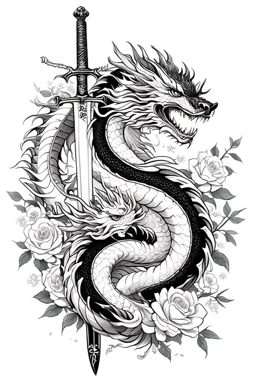 two japanese dragons coiled around a long sword, black and white tattoo design, high detail, flowers and roses around tattoo design idea