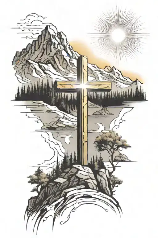 Christian Cross Summit Of A Mountain Landscape Ray Of Sunshine Coming In Tattoo tattoo design idea