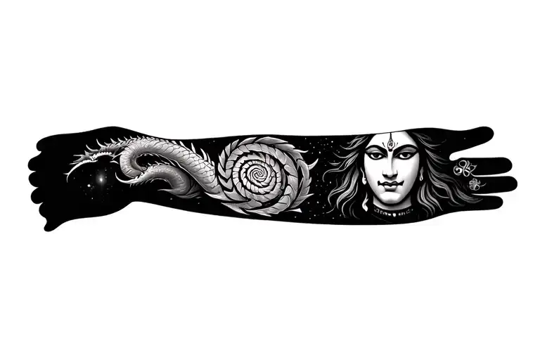 Spiral Dragon on forearm with universe design on dragons body and face of God Shiva tattoo design idea