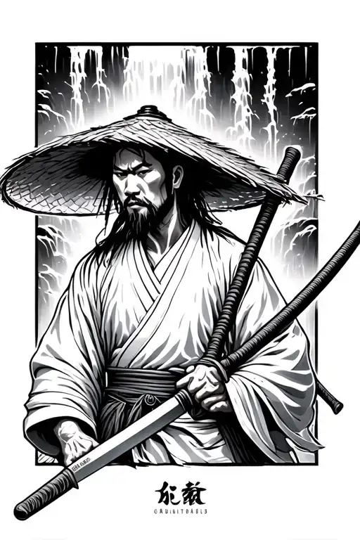 Japanese Ronin wielding katana and wearing strawhat back facing with waterfall behind tattoo design idea
