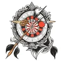 darts and music notes intertwined tattoo design idea