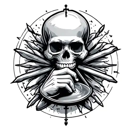 actions speak louder than words symbol with hour glass and a skull with a finger over lips in a hush position  tattoo design idea