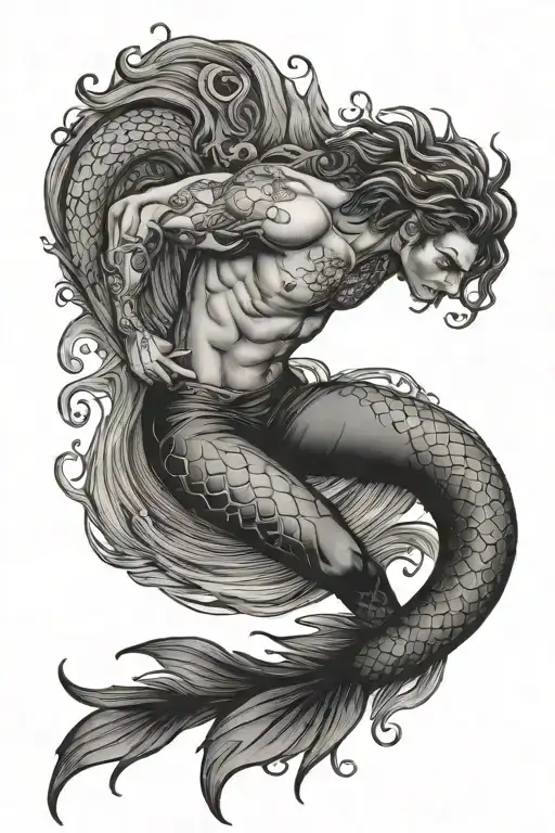 twink male merman tattoo design idea