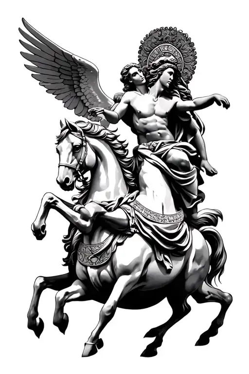 greek mythology with hercules with a lion hat, pegasus the horse with someone riding it , plus a greek statue of a lady tattoo design idea