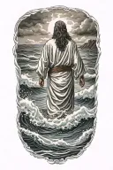 Hyper Realistic, Portrait of Jesus Christ walking from the back, on water waves, stormy waters, highly detailed imagery, tattoo design idea