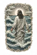 Hyper Realistic, Portrait of Jesus Christ walking from the back, on water waves, stormy waters, highly detailed imagery, tattoo design idea