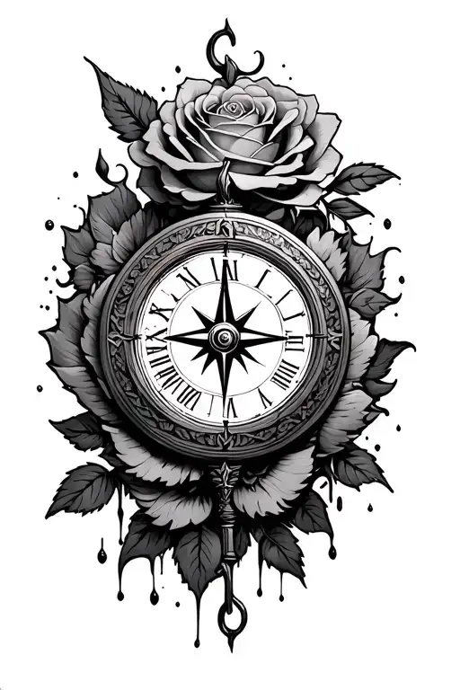 compass time clock melting, rose greek gods tattoo design idea