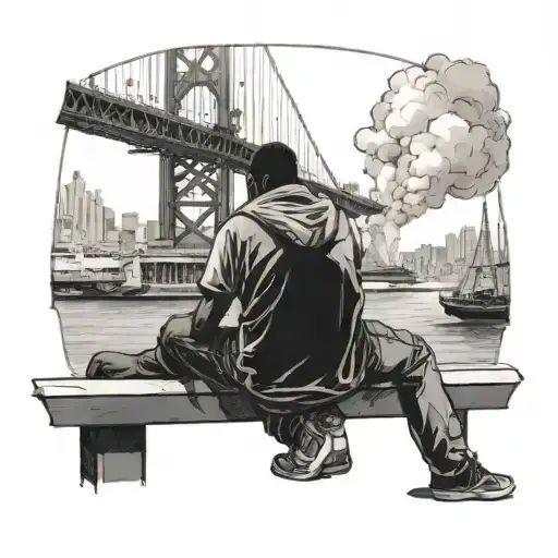 black guy sitting on San Fransisco bridge watching steam ships leave tattoo design idea