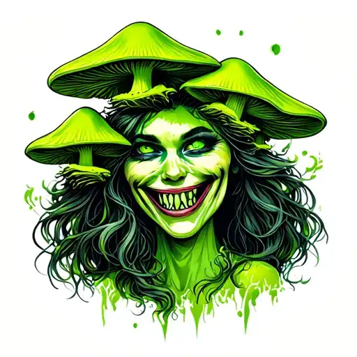 toxic mushrooms growing together on head of scary smiling woman with green eyes and big teeth tattoo design idea