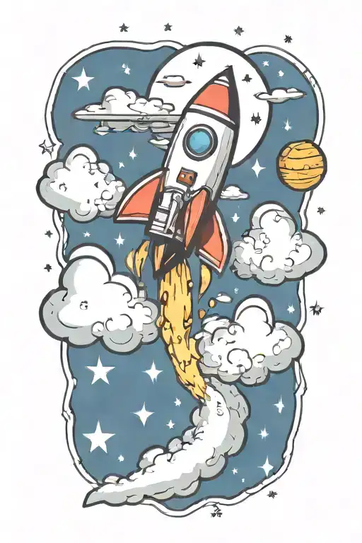 rocket flying with dollar signs and music notes flowing tattoo design idea
