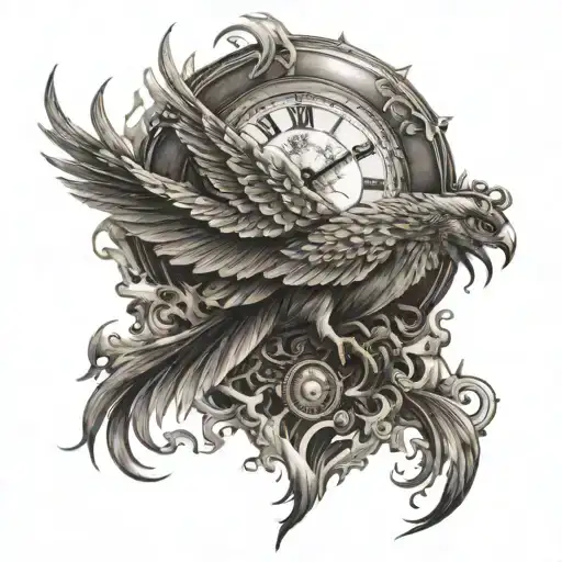 phoenix in flames with pocket watch underneath tattoo design idea