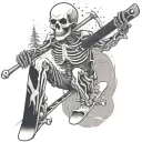 skeleton with ski on one foot and snowboard on the other, epi pen sticking of neck, stethoscope around neck, rock on  tattoo design idea