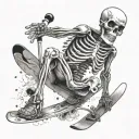 skeleton with ski on one foot and snowboard on the other, epi pen sticking of neck, stethoscope around neck, rock on  tattoo design idea