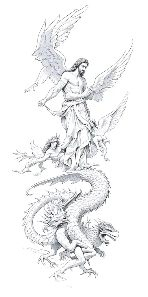 st. Michael fighting the dragon and the angels fighting demons with Jesus' face bowed in prayer on the shoulder  tattoo design idea