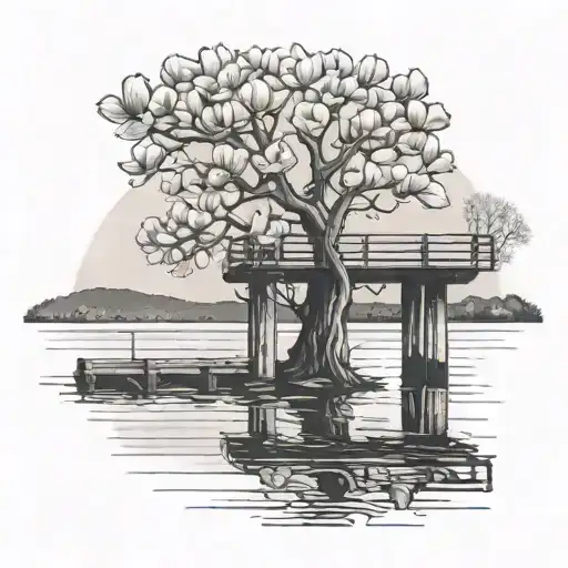 pier with water and magnolia tree tattoo design idea