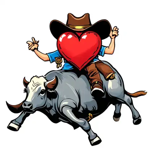 animated heart wearing cowboy hat riding mechanical bull tattoo design idea