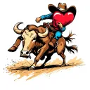 animated heart wearing cowboy hat riding mechanical bull tattoo design idea