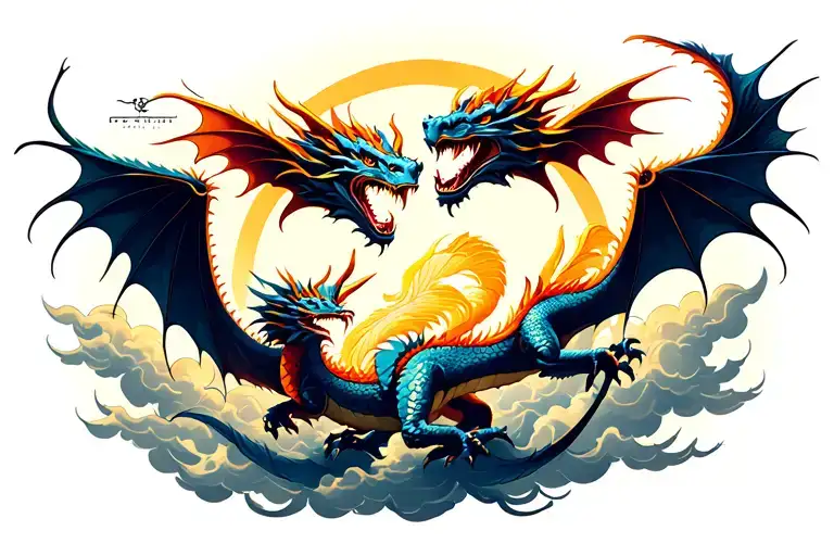 2 simetric dragons flying and clouds surrounding on the chest tattoo design idea