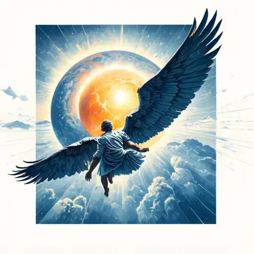 Icarus falling in front of a massive sun geometric tattoo design idea