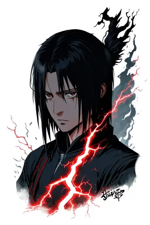 uchiha itachi calm and red lightning storm tattoo design idea