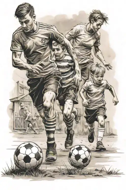 young lad playing football with his mam dad and little sister watching in background tattoo design idea