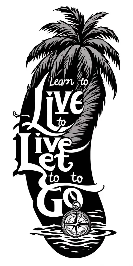 "Learn to Live Live to Let Go" palm tree and compass and water  tattoo design idea