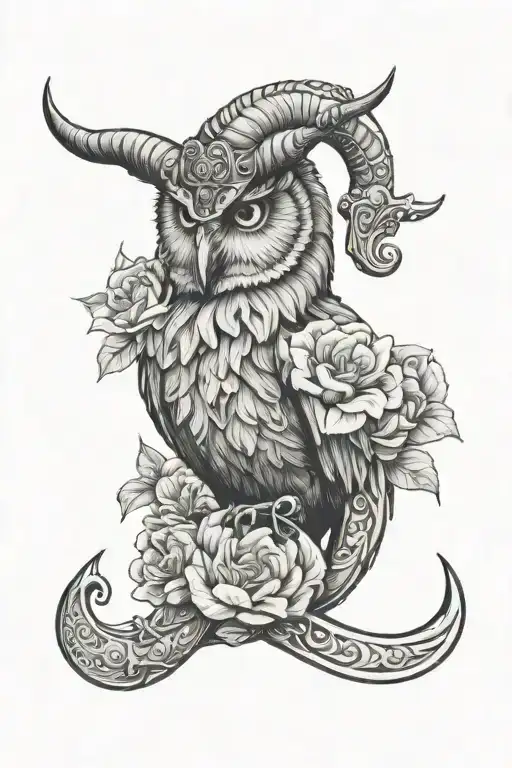 capricorn zodiac with flower with owl face tattoo and anchor  tattoo design idea