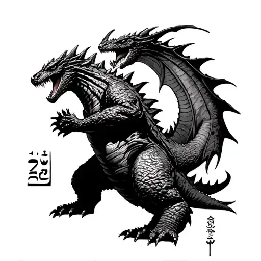 Godzilla fighting ghidorah hieroglyph tattoo design idea