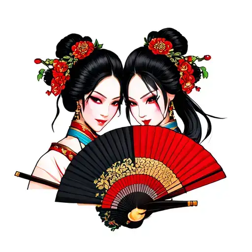 geisha with fan inspired by kitana and mileena from mortal kombat tattoo design idea