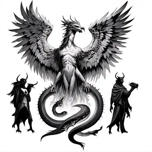 A phoenix rising from the ashes, with an angel and devil standing on either side, and a snake and dragon circling below tattoo design idea
