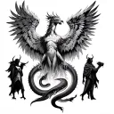A phoenix rising from the ashes, with an angel and devil standing on either side, and a snake and dragon circling below tattoo design idea