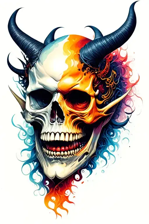 demon half skull and face tattoo design idea