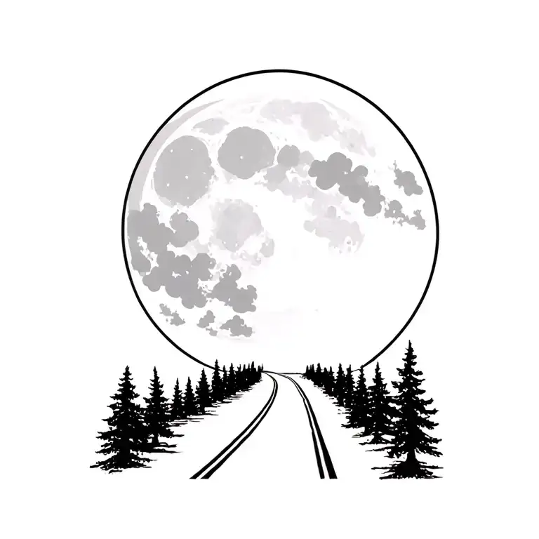 night sky full moon winding road trees  tattoo design idea