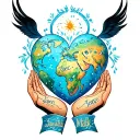 the world inside a heart with Jesus praying hands holding names written Izec , Javen, Jeremiah , Eli, Kalaya, Malik  tattoo design idea