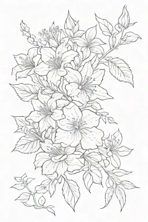 fine line tattoo vine of flowers, including bitterroot, roses, hibiscus, forget-me-not, columbines, and rhododendrons tattoo design idea
