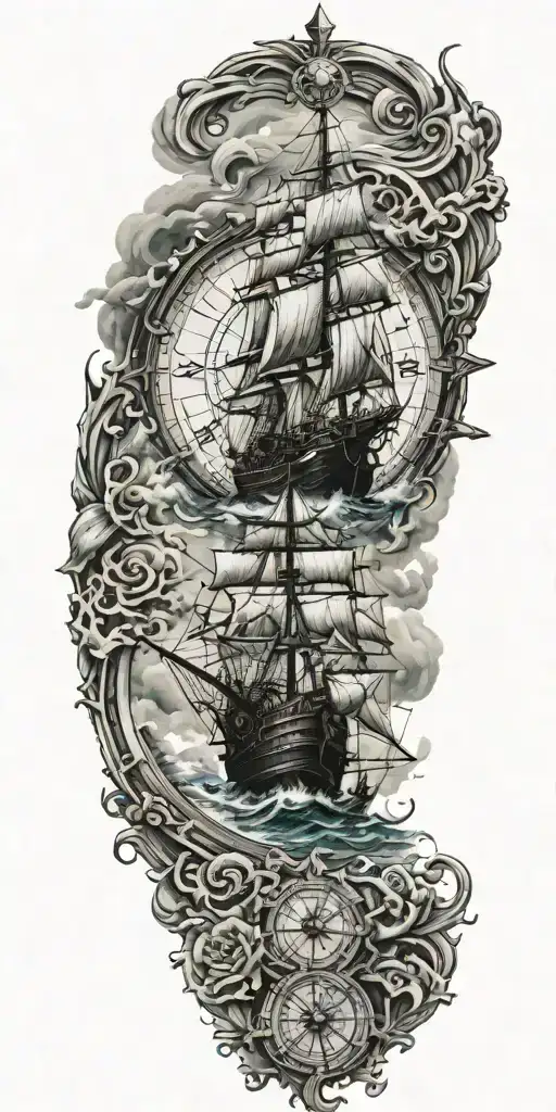 pirate ship sailing through stormy sea lost in time compass rose background  tattoo design idea
