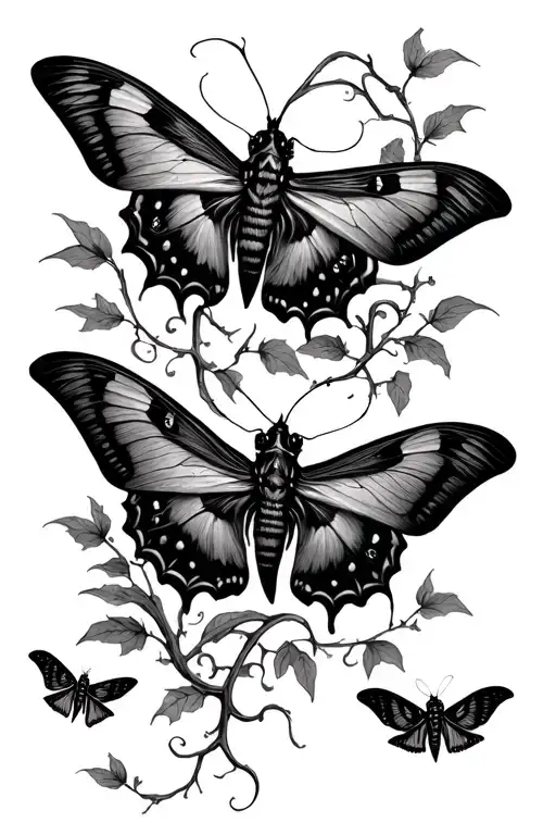 vines and moths flying tattoo design idea