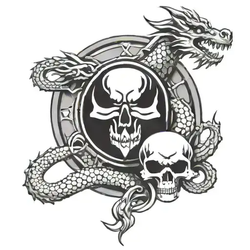 A police badge with dragon and skull elements forming a yin yang symbol tattoo design idea