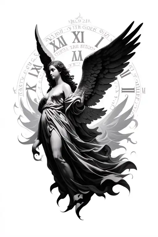 seraphim angel and 09/06/2025 in roman numerals tattoo design idea