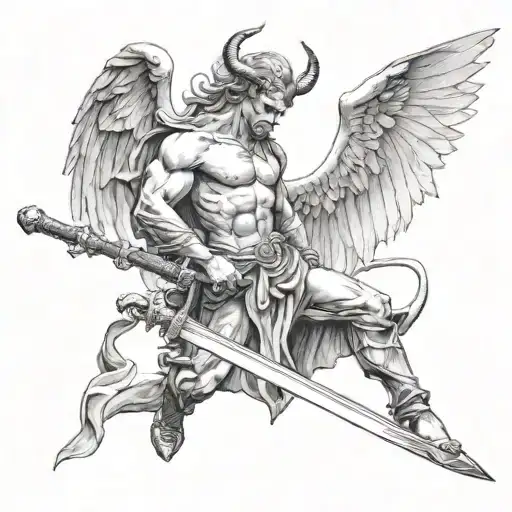 devil killing angel holding a sword tattoo design idea