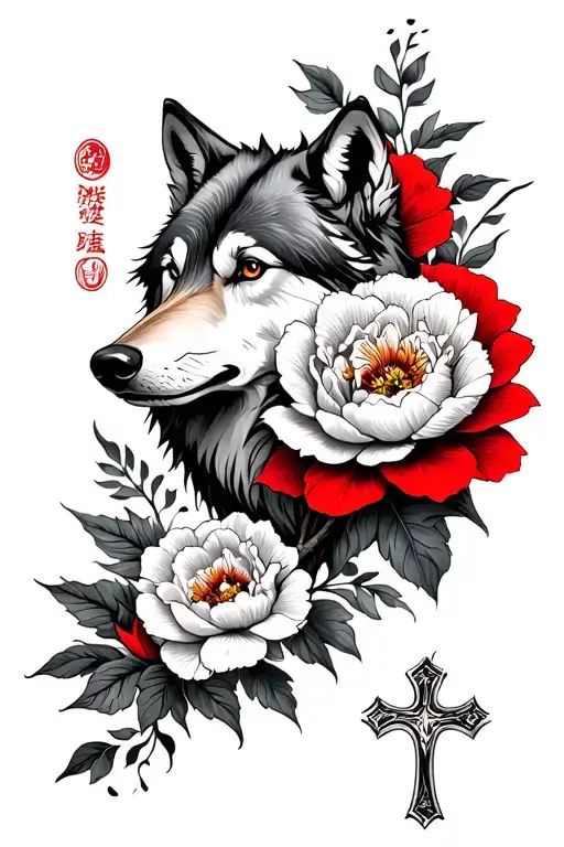 wolf and red peony flower and ortodox cross tattoo design idea