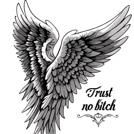 A pair of intricate angel wings with a quote 'Trust no bitch' in elegant script, representing protection and empowerment tattoo design idea