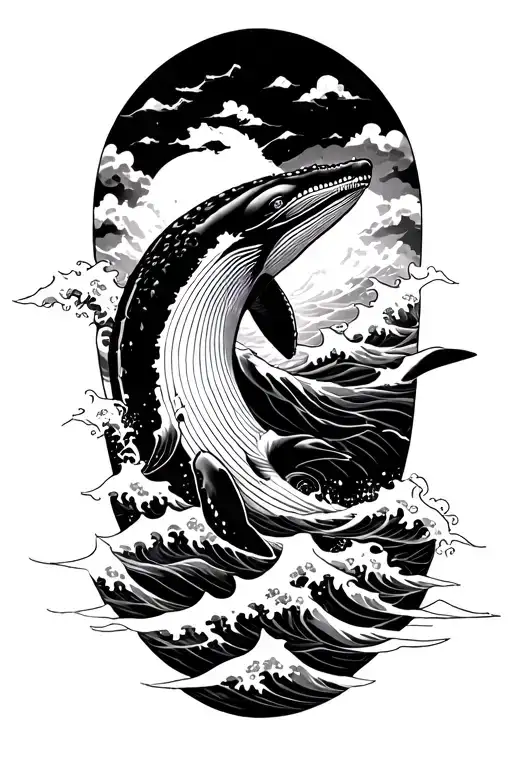 “Japanese-style upper arm tattoo design: A powerful humpback whale leaps out of stylized traditional waves, surrounded b tattoo design idea